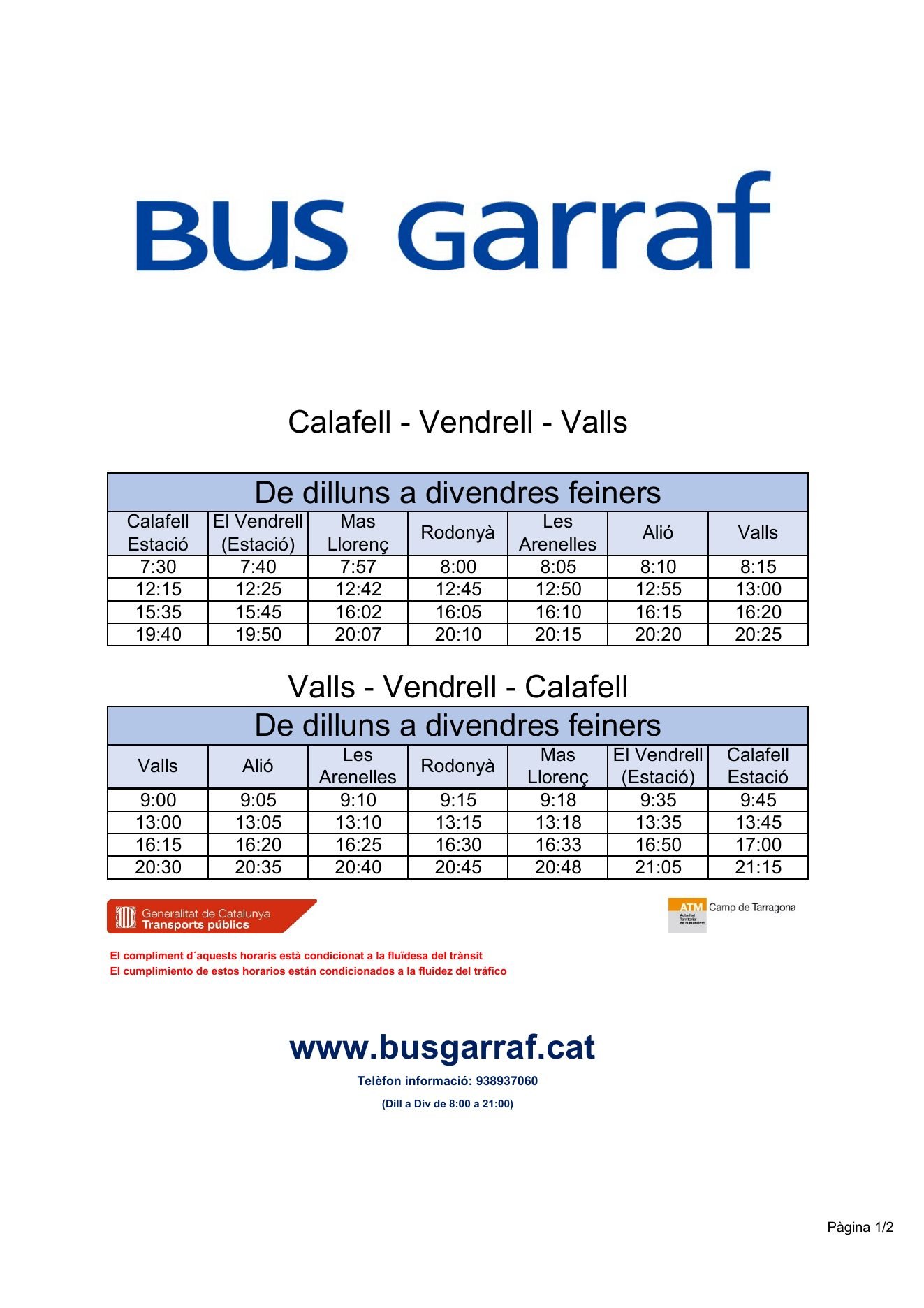Horario Calafell – El Vendrell – Valls (página 1 de 2)