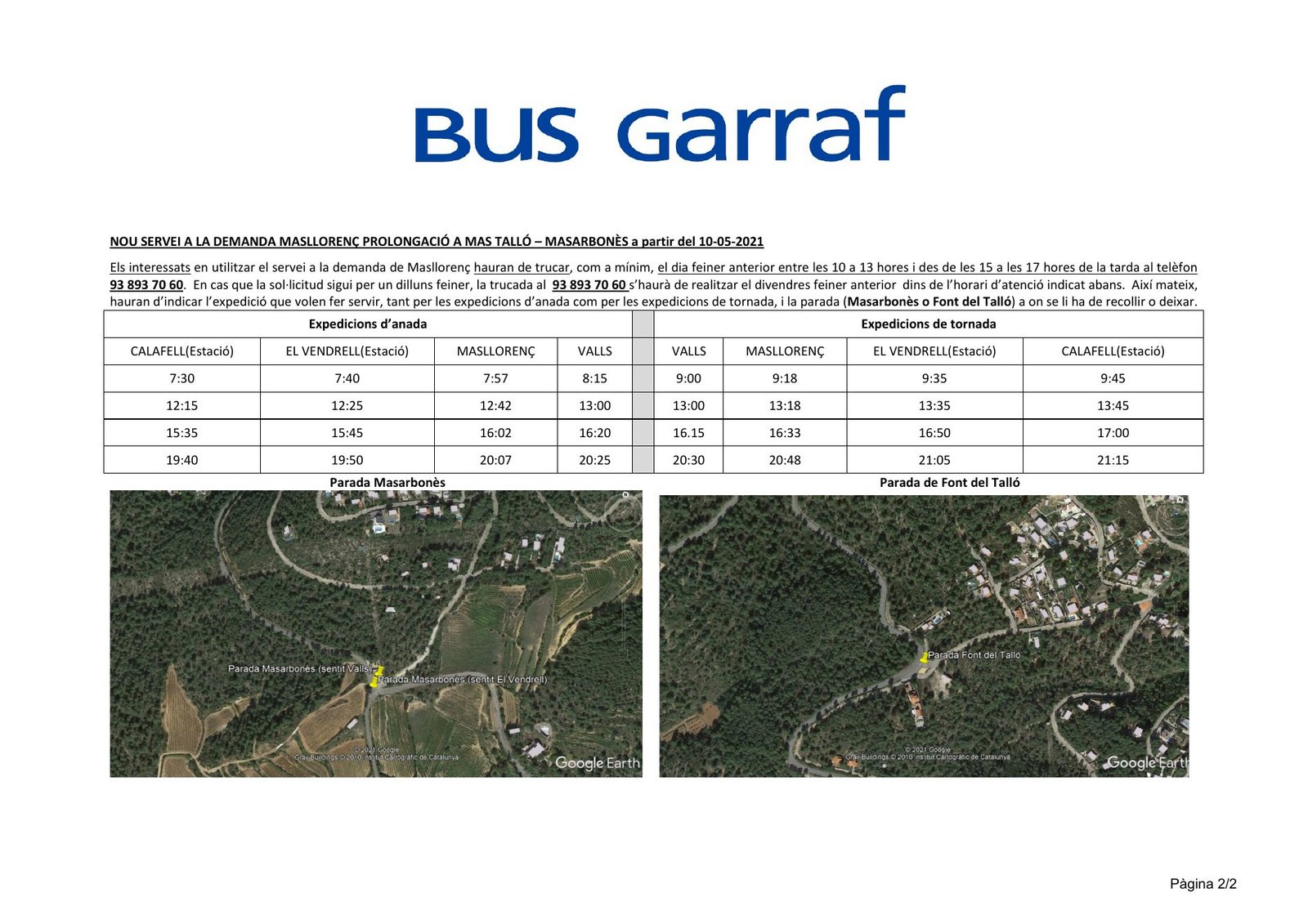 Horario del servicio a la demanda Masllorenç – Font d'en Talló – Masarbonès (página 2 de 2)